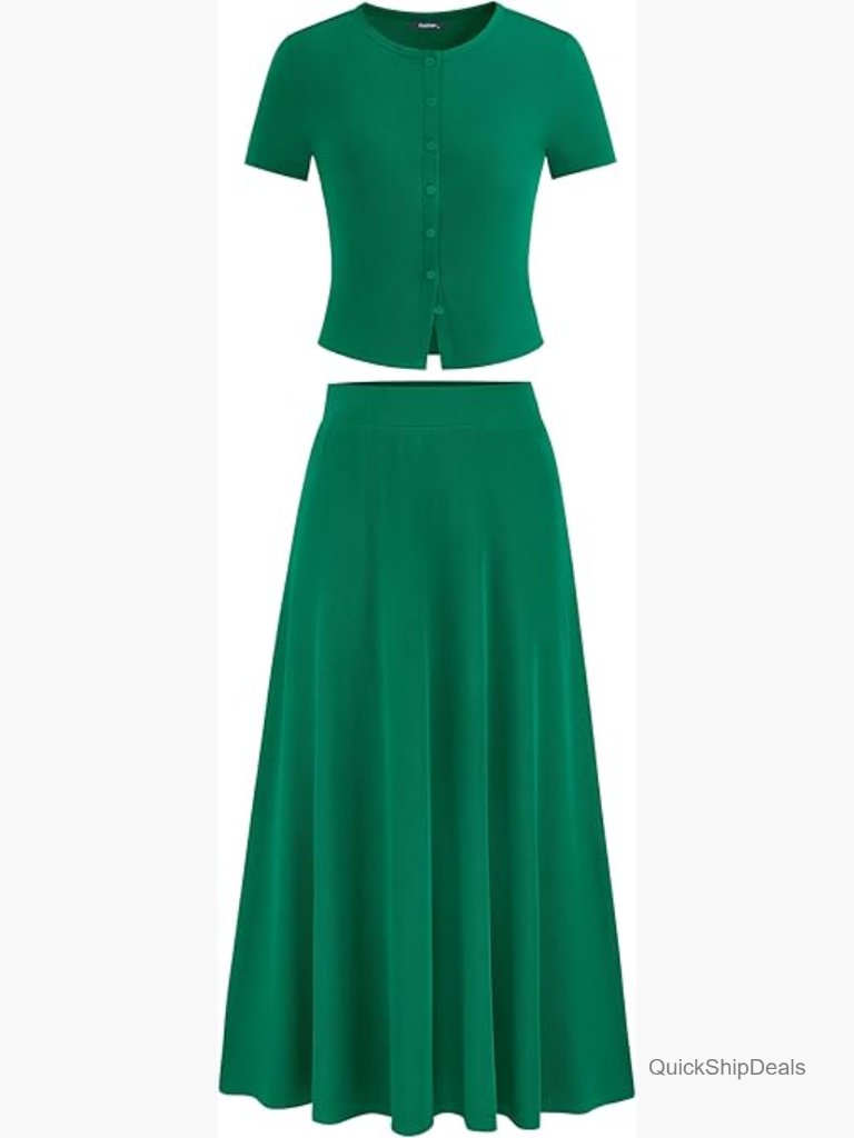 2 Piece Skirt Set Summer Button Up Crop Top Flowy Maxi Skirt Travel Outfit